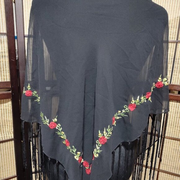 Vintage Women's Rose Embroidered Scarf / Shawl - Made in Italy - Black Sheer - Picture 3 of 11